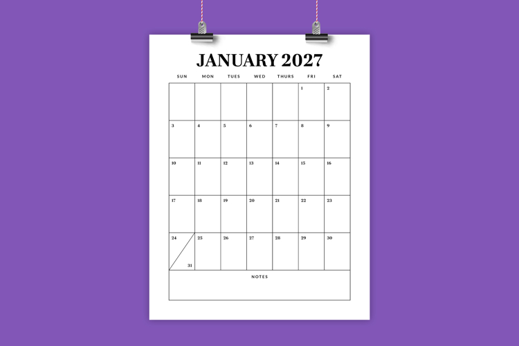 2027 Vertical 8.5x11 Inch Calendar Template