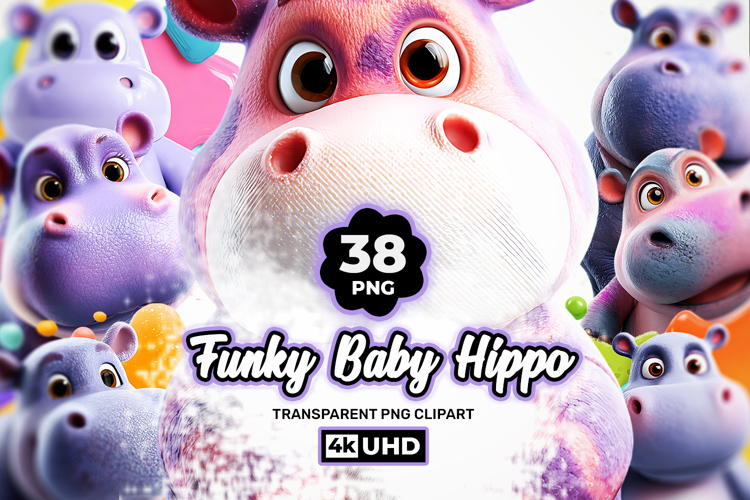 Funky Baby Hippo Clipart Bundle 38 PNG
