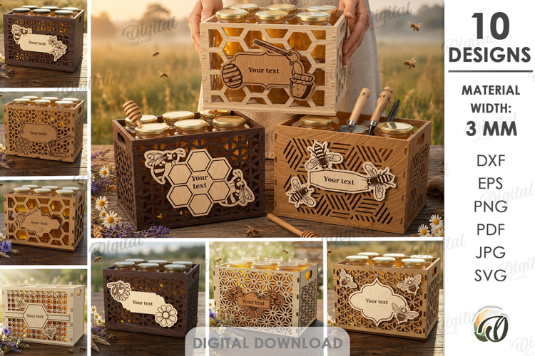 3D Bee Boxes Bundle Laser Cut. Honey Storage Box SVG