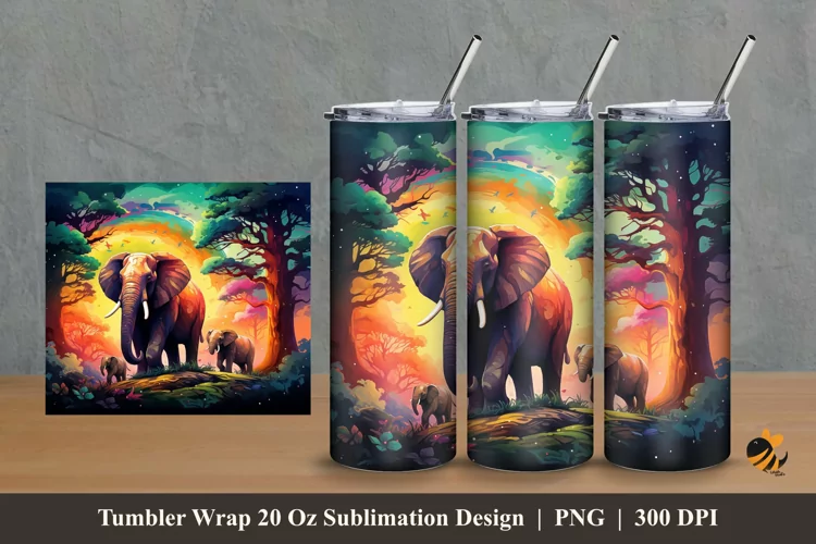 Rainbow Elephant Tumbler Wrap Sublimation Design 2