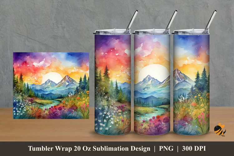 Watercolor Mountain View Tumbler Wrap Sublimation Design 2