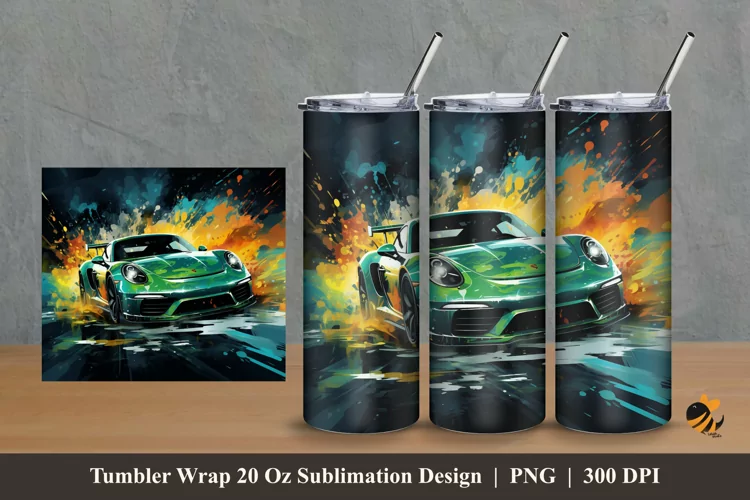 Green Car Tumbler Wrap Sublimation Design 2