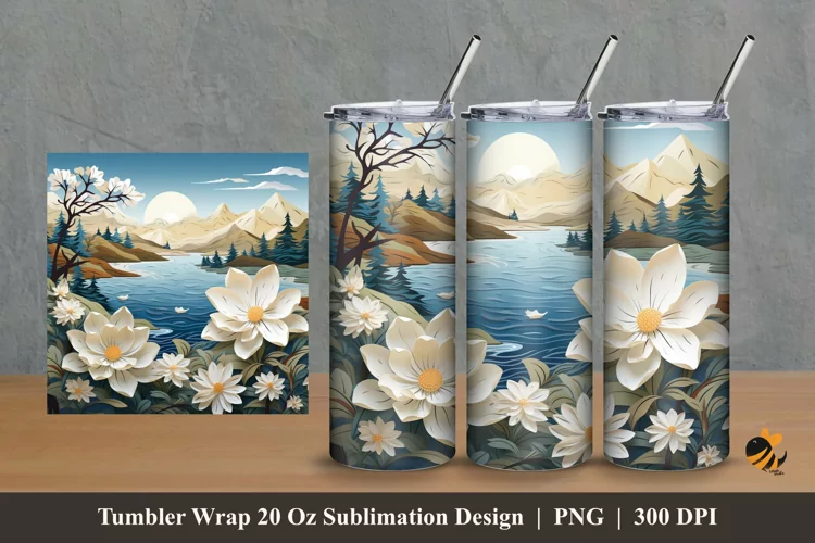 Nature White Flower Tumbler Wrap Sublimation Design 2