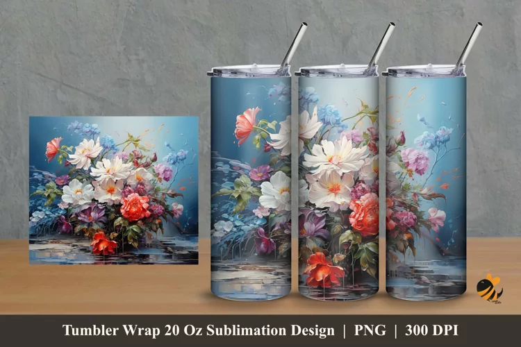 Flower on Canvas Tumbler Wrap Sublimation Design 2