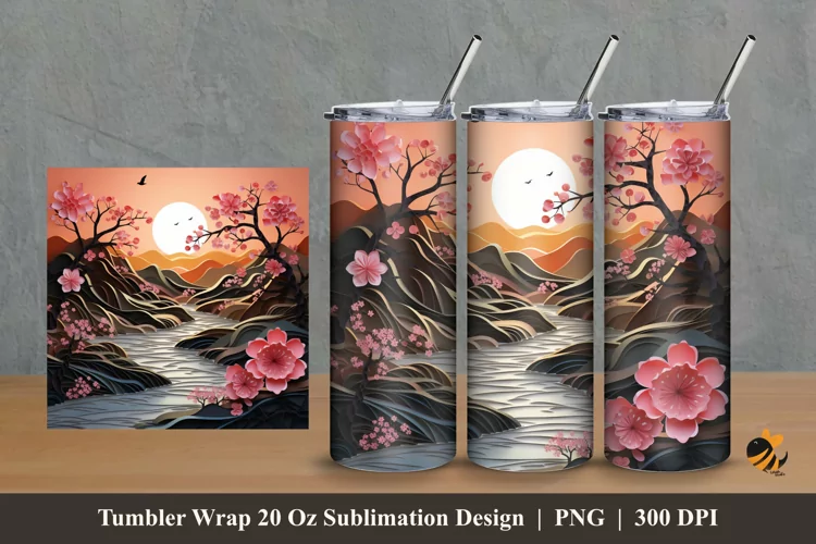 3d Sunset River Tumbler Wrap Sublimation Design 2