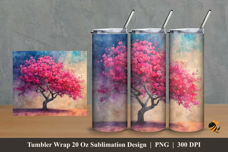Tree Watercolor Tumbler Wrap Sublimation Design 2