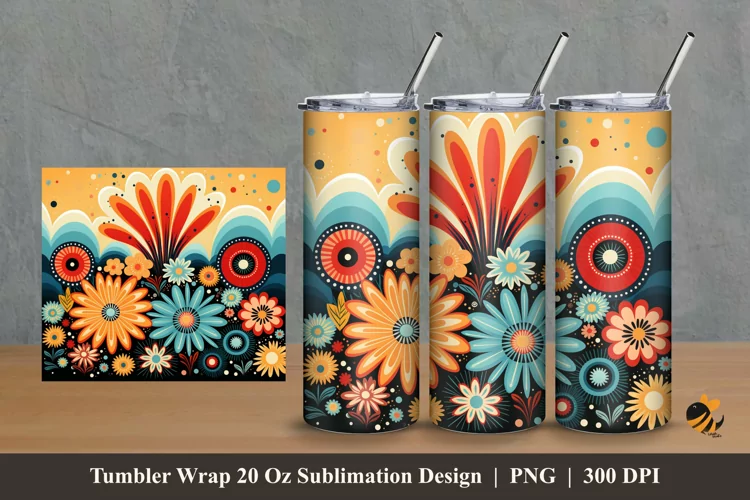 Retro Flower Tumbler Wrap Sublimation Design 2