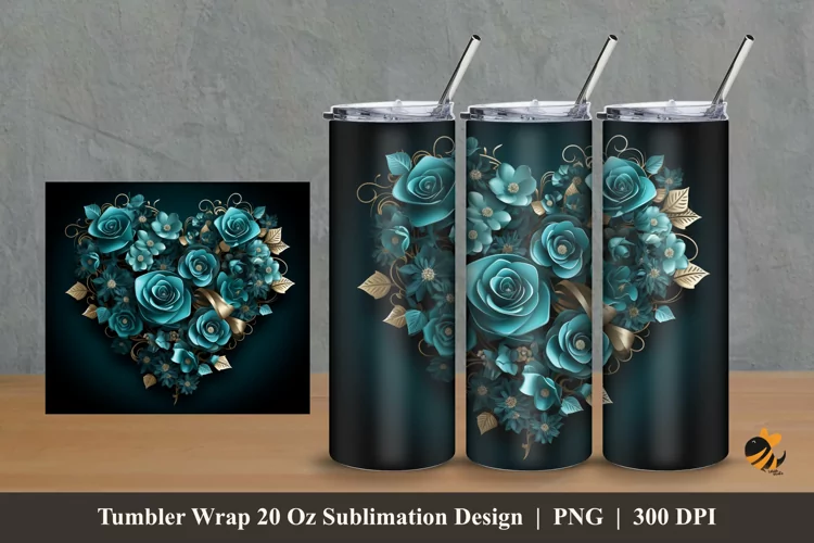 Teal Rose Tumbler Wrap Sublimation Design 2