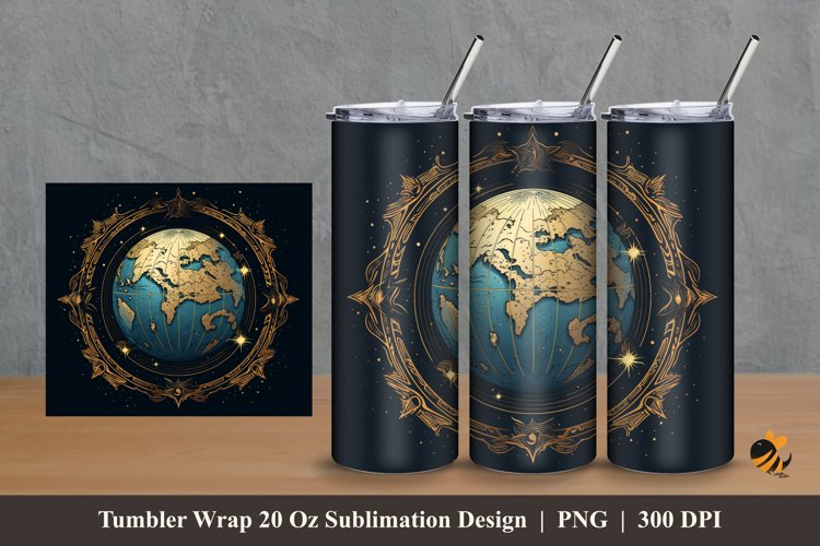 Handdrawn Globe Tumbler Wrap Sublimation Design 2 example image 1