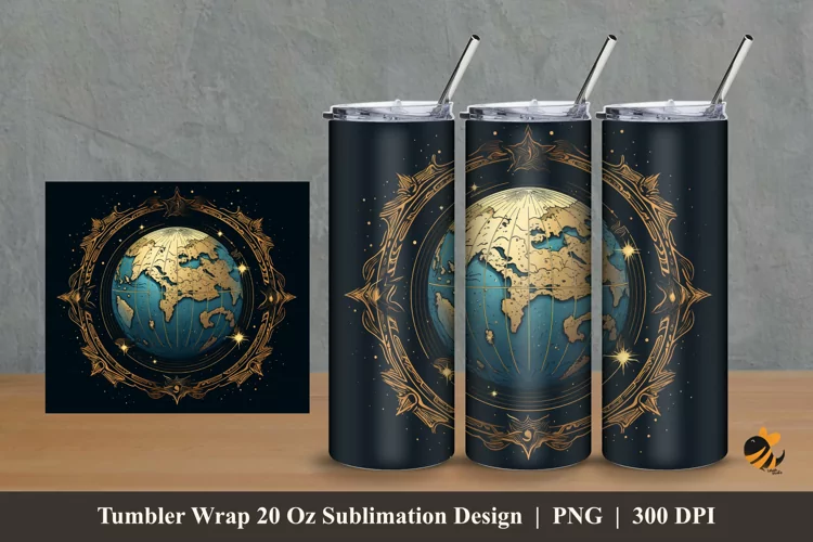 Handdrawn Globe Tumbler Wrap Sublimation Design 2