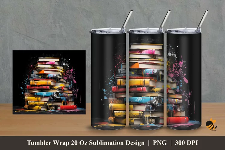 Stack Of Books Tumbler Wrap Sublimation Design 2