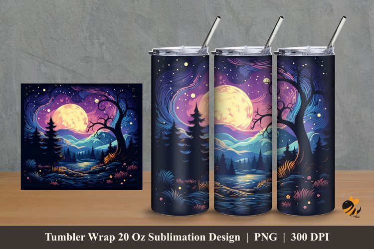 Night Illustration Tumbler Wrap Sublimation Design 2