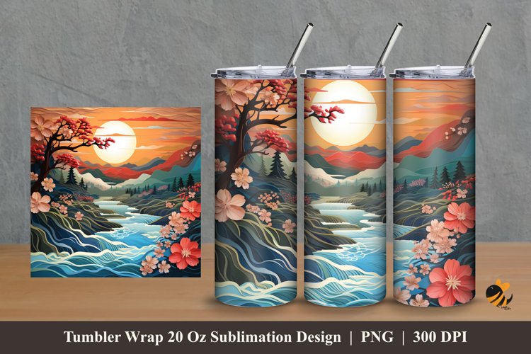3D Nature River Tumbler Wrap Sublimation Design 2 example image 1