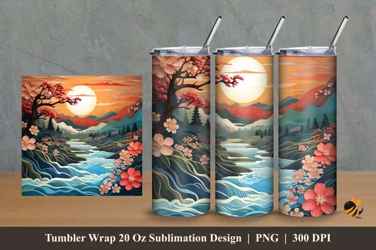 3D Nature River Tumbler Wrap Sublimation Design 2