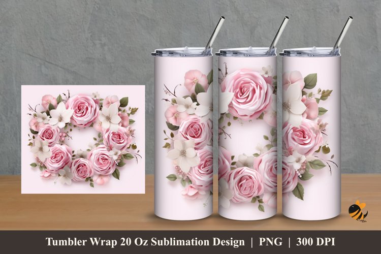 Pinky Wreath Flower Tumbler Wrap Sublimation Design 2 example image 1