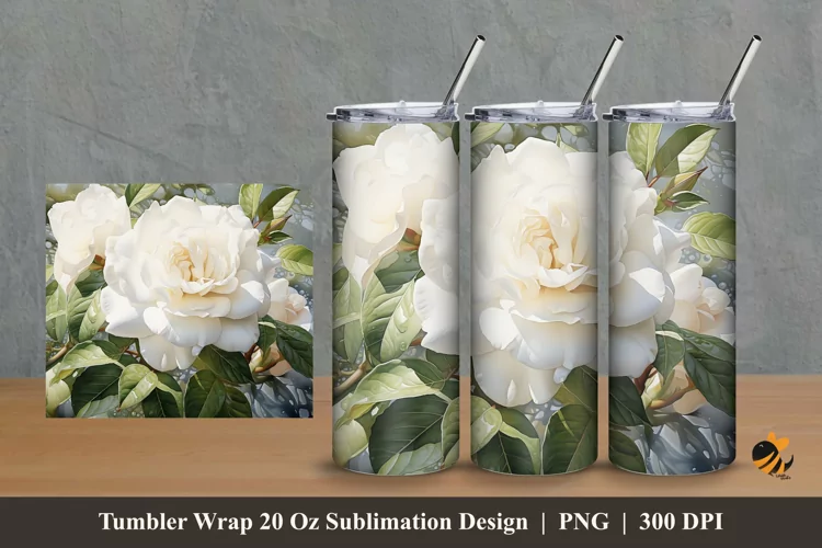 White Roses Tumbler Wrap Sublimation Design 2