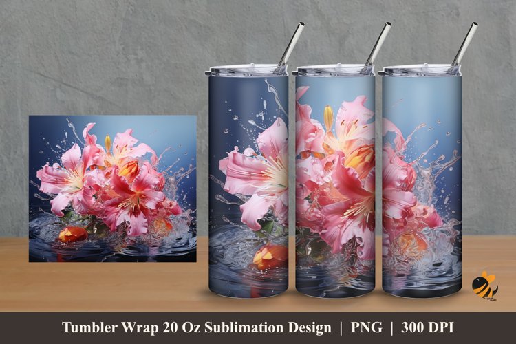 Splash Water Flower Tumbler Wrap Sublimation Design 2 example image 1