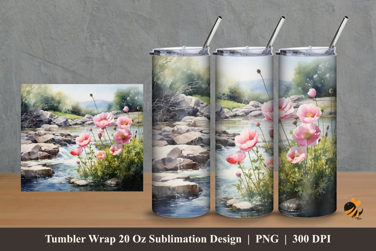 Floral And River Tumbler Wrap Sublimation Design 2 example image 1