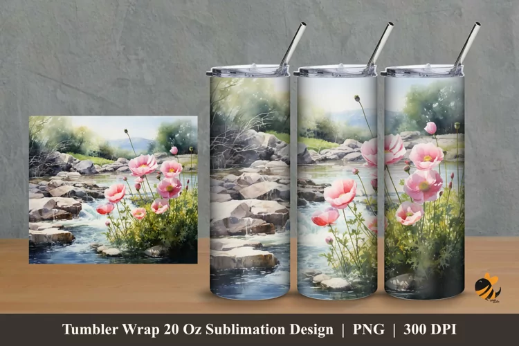 Floral And River Tumbler Wrap Sublimation Design 2