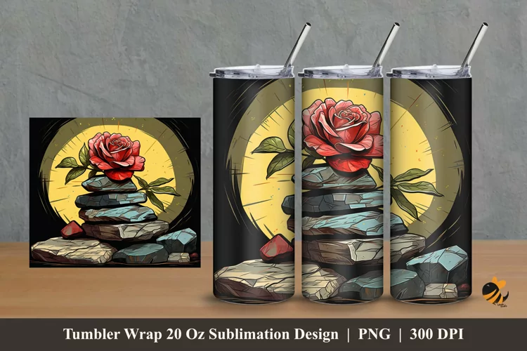 Sketch Rock And Rose Tumbler Wrap Sublimation Design 2