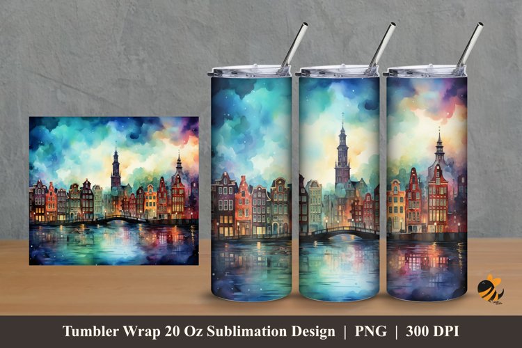 Watercolor City Tumbler Wrap Sublimation Design 2 example image 1