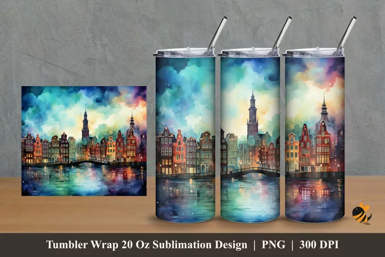 Watercolor City Tumbler Wrap Sublimation Design 2