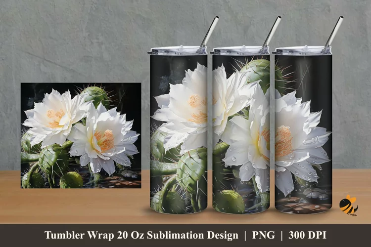White Flowers Tumbler Wrap Sublimation Design 2