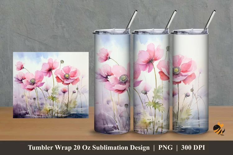 Watercolor Anemone Tumbler Wrap Sublimation Design 2