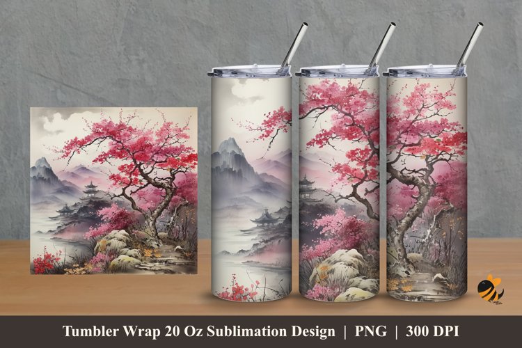 Nature And Cherry Tree Tumbler Wrap Sublimation Design 2 example image 1