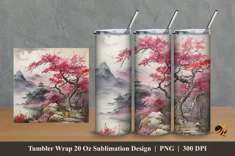 Nature And Cherry Tree Tumbler Wrap Sublimation Design 2