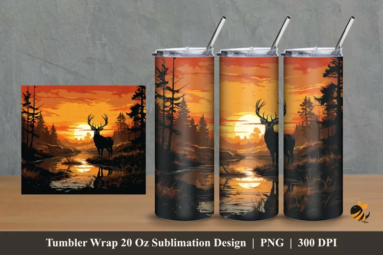 Deer And Sunset Tumbler Wrap Sublimation Design 2