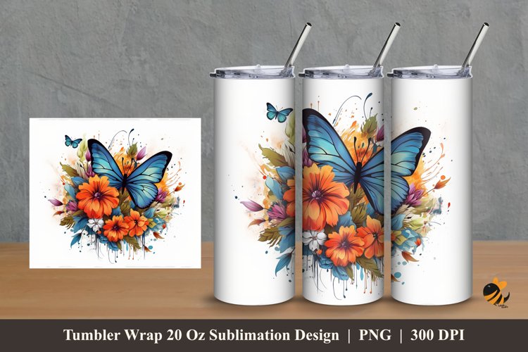 Butterflies Flowers Tumbler Wrap Sublimation Design 2 example image 1