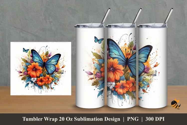 Butterflies Flowers Tumbler Wrap Sublimation Design 2
