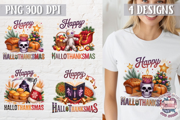 HalloThanksMas Sublimation T Shirt Design PNG 4 designs