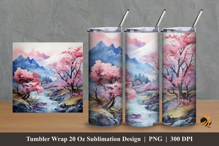 Sakura And Panoramic Tumbler Wrap Sublimation Design 2 example image 1
