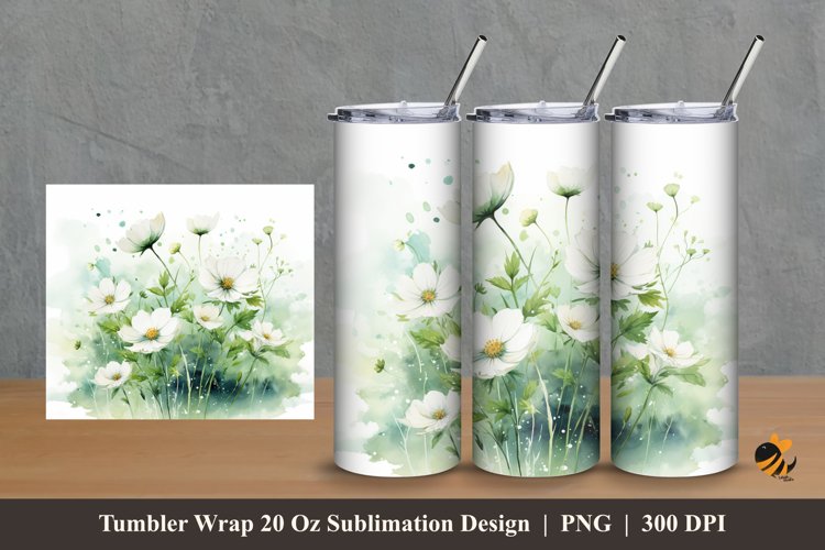 White Flower Tumbler Wrap Sublimation Design 2