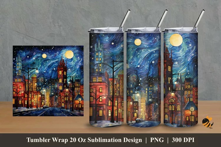 Starry Night At City Tumbler Wrap Sublimation Design 2