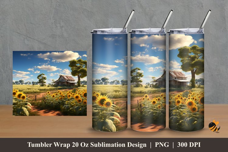 Landscape Sun Flowers Tumbler Wrap Sublimation Design 2 example image 1