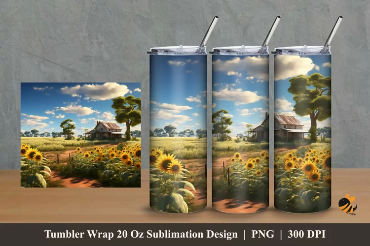 Landscape Sun Flowers Tumbler Wrap Sublimation Design 2