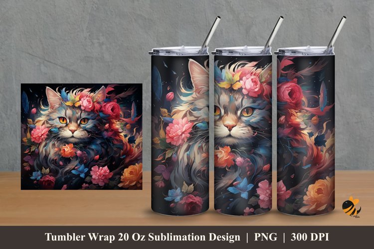 Flowering Cat Tumbler Wrap Sublimation Design 2