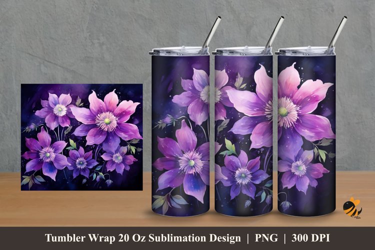 Clematis Flower Tumbler Wrap Sublimation Design 2 example image 1