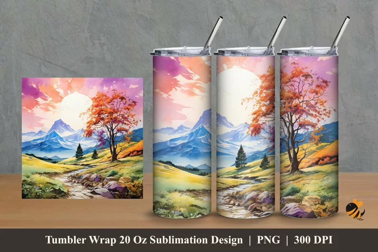 Mountain And Tree Tumbler Wrap Sublimation Design 2