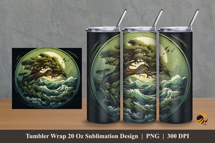 Tree And Wave Tumbler Wrap Sublimation Design 2 example image 1