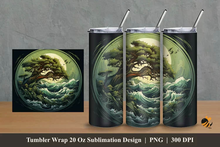 Tree And Wave Tumbler Wrap Sublimation Design 2