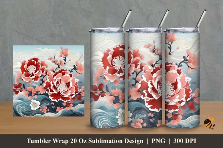 Flower And Wave Tumbler Wrap Sublimation Design 2