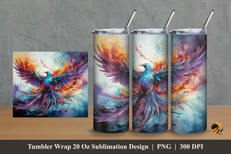 Watercolor Phoenix Tumbler Wrap Sublimation Design 2