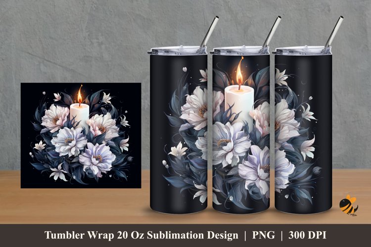 White Flower And Candle Tumbler Wrap Sublimation Design 2 example image 1