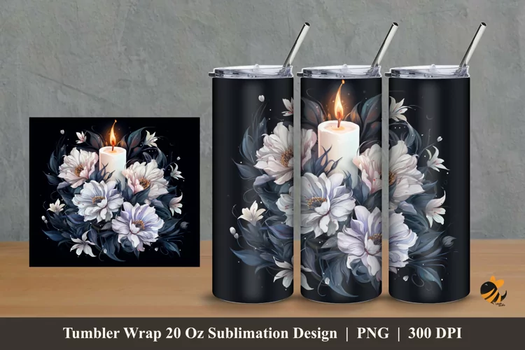 White Flower And Candle Tumbler Wrap Sublimation Design 2