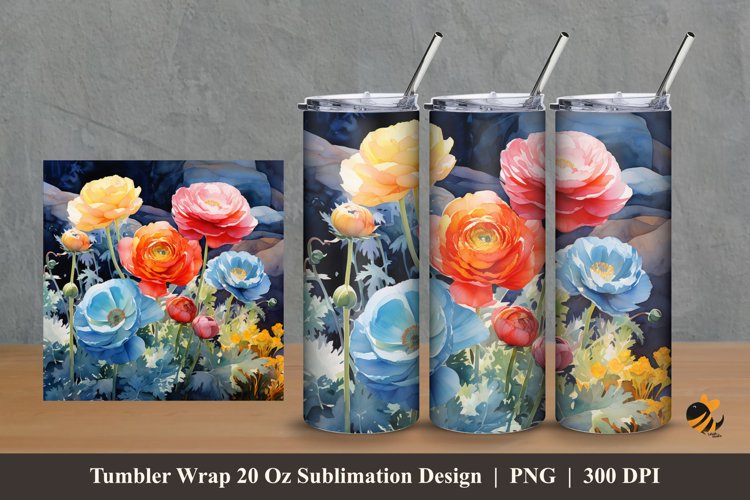Colorful Ranuculus Tumbler Wrap Sublimation Design 2 example image 1
