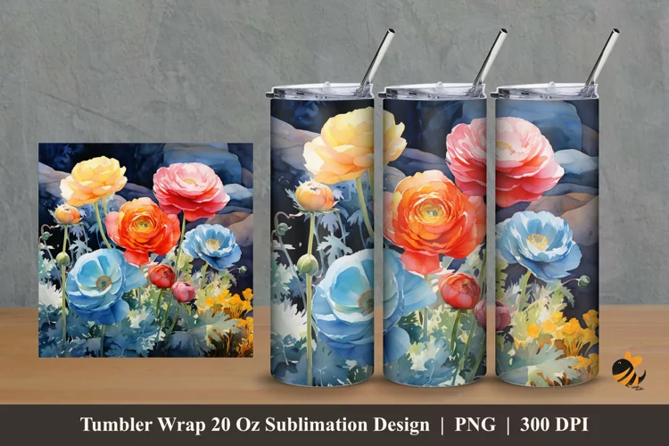 Colorful Ranuculus Tumbler Wrap Sublimation Design 2